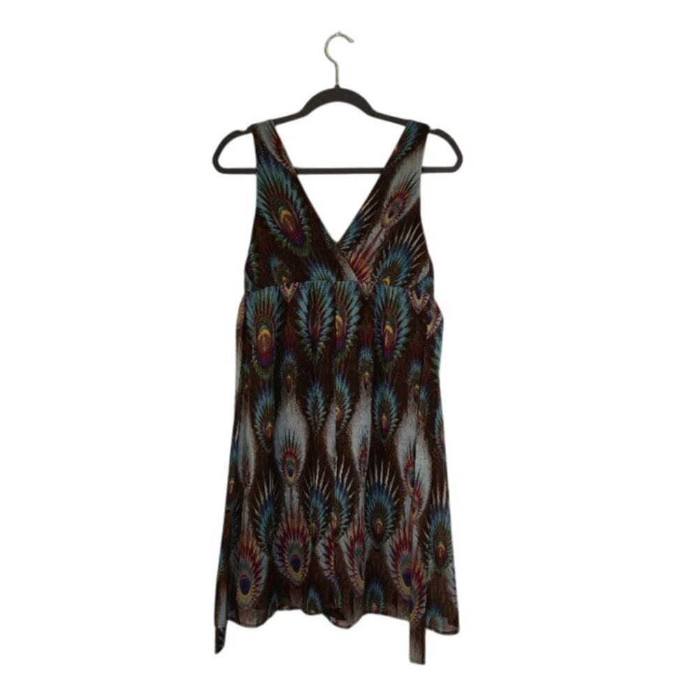 Charlotte Russe Peacock Feather Print Dress Size Small Brown Bohemian Whimsical - Picture 2 of 9